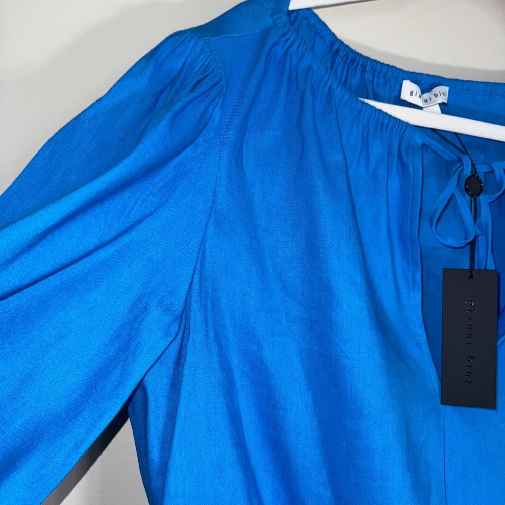 NWT Gianni Bini Linen Blouse Woven Camilla Long Sleeve Pullover Blue Size Large - Picture 3 of 14
